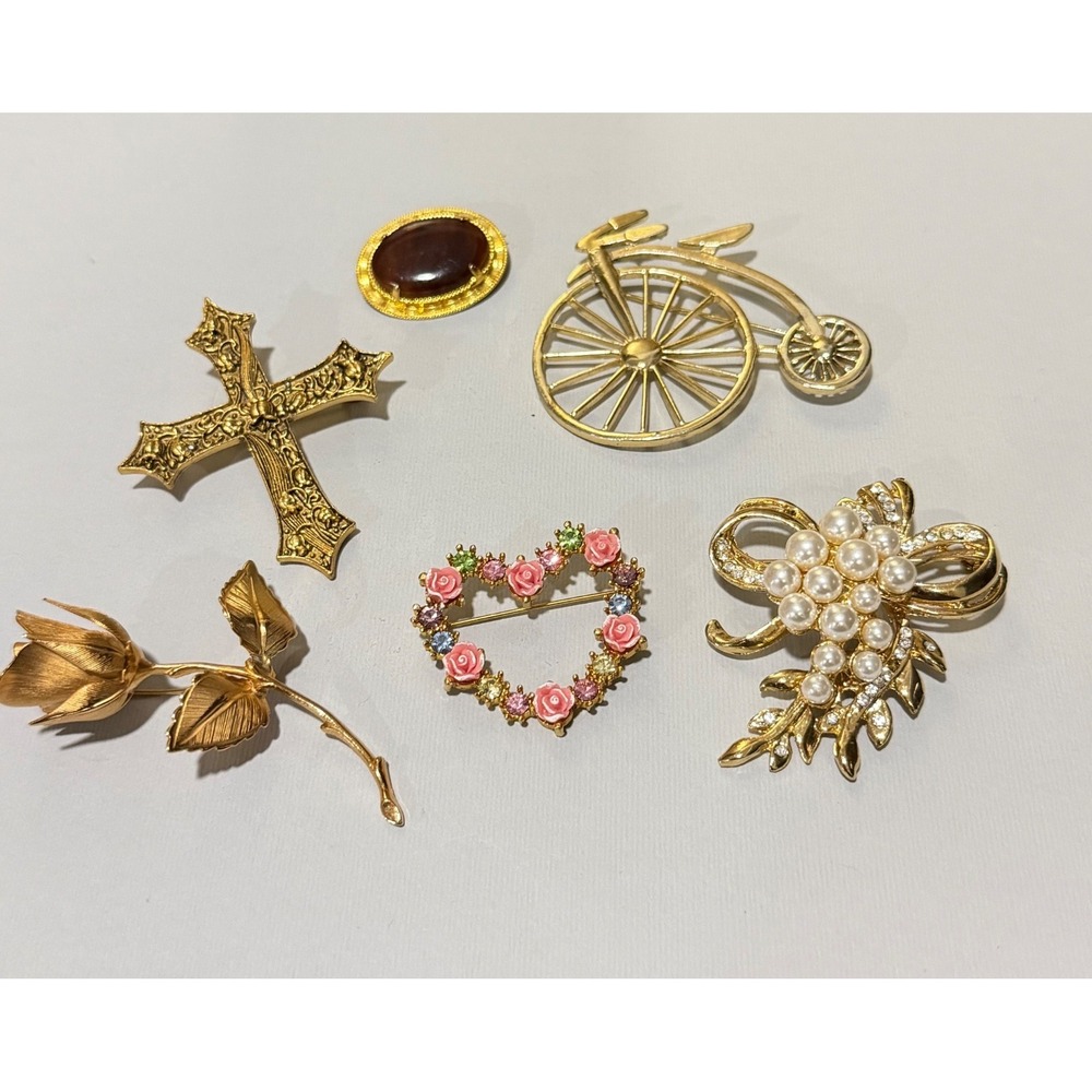 Vintage Brooch Lot of 6 Cross Heart Floral Bicycle Rose Imitation Pearl Cluster